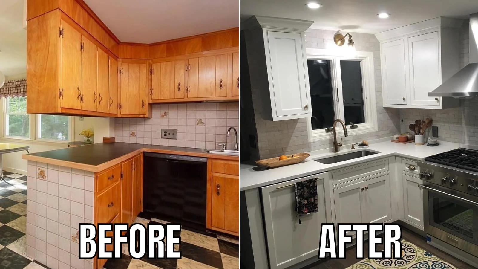 Completed white kitchen renovation with tile flooring
